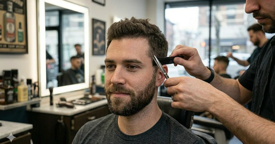 A man getting his grown-out buzz cut trimmed in a barber shop to create a new hairstyle