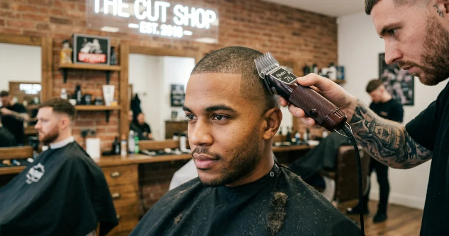 Barber using clippers with a guard to create an even buzz cut, trimming the sides for a clean and consistent length in a barbershop setting.
