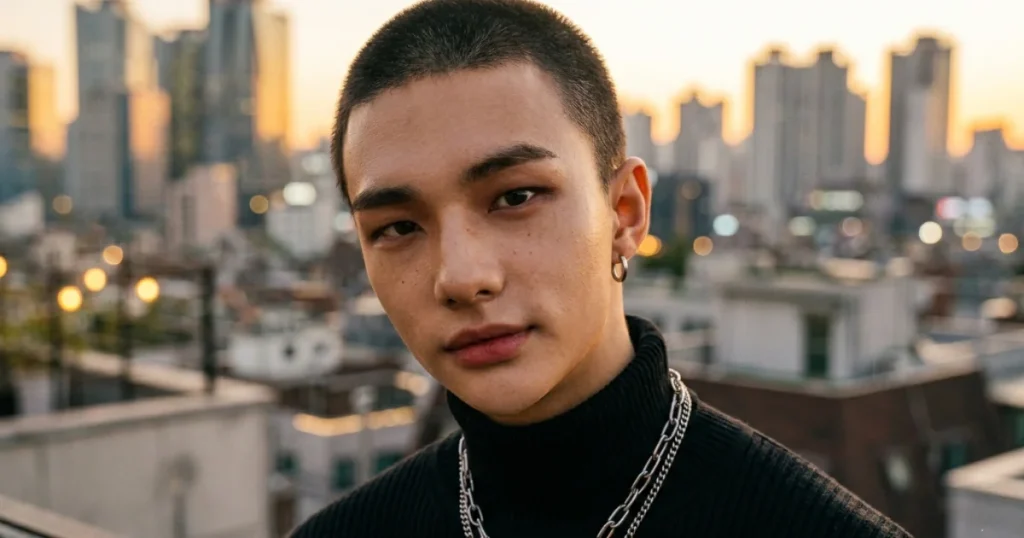 K-pop star Hyunjin on a city rooftop featuring a buzz cut hairstyle, black turtleneck, and silver chain