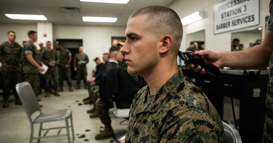 Military induction buzz cut in progress, soldier getting head shaved with clippers in a barber station, very short uniform haircut