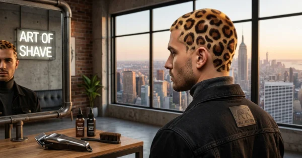 Side view of a man with a leopard print buzz cut, showing detailed shaved and dyed pattern on very short hair in a modern barbershop with a city skyline view.