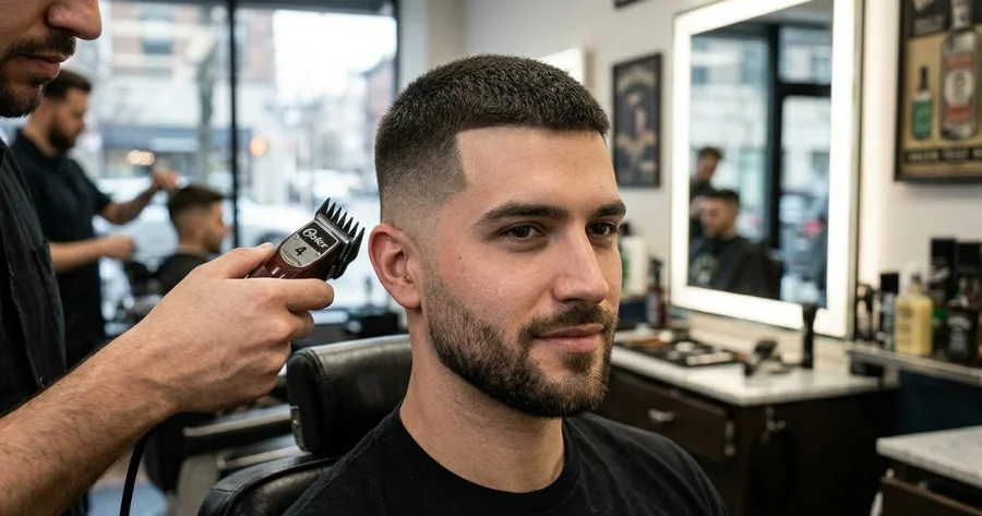Man getting a long buzz cut fade at a barbershop, with clippers shaping the sides into a clean, blended fade while the top remains slightly longer.