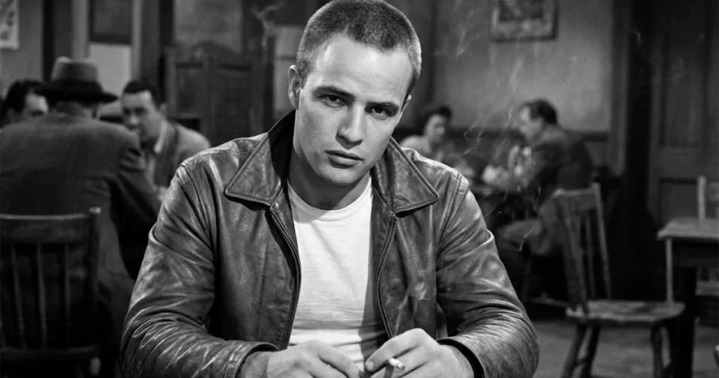 Vintage black and white photo of Marlon Brando sporting a buzz cut and a leather jacket