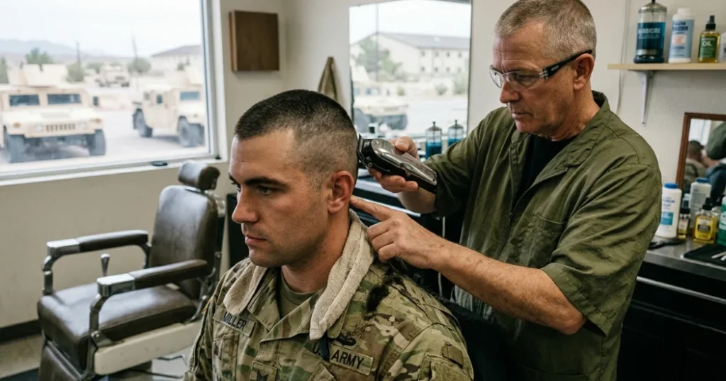 Barber giving a military-style buzz cut to a man in uniform, trimming the sides short for a clean, disciplined and low-maintenance look.