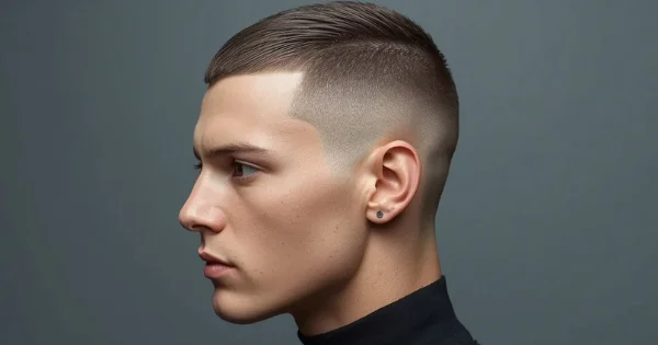 Side profile of a Nidal Wonder with a Nidal Wonder Buzz Cut, featuring a sharp skin fade and precise geometric hairline against a neutral background