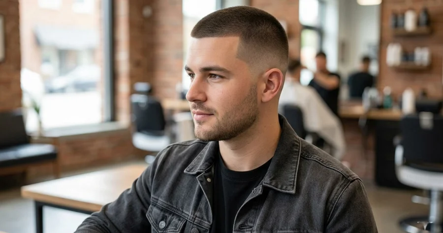 Man with a buzz cut for round face, low fade sides and clean beard, sitting in a modern barbersho