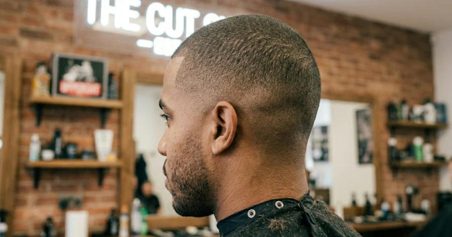 Side view of a man with a taper buzz cut, showing gradually faded sides and back with a smooth blend into slightly longer hair on top in a barbershop setting.