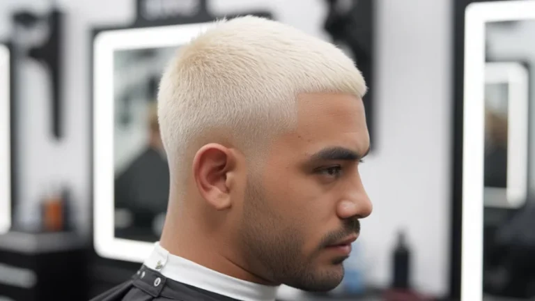 Man with a blonde buzz cut hairstyle and faded sides, viewed from the side in a modern barbershop setting with a clean, fresh look