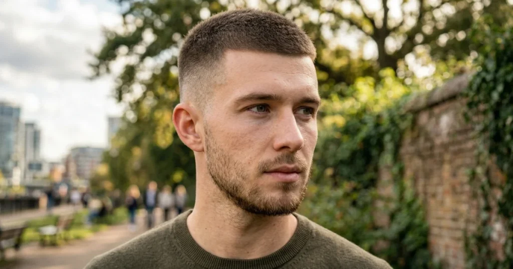 Man with a long buzz cut and light fade, natural texture on top, standing outdoors with a clean, modern hairstyle.