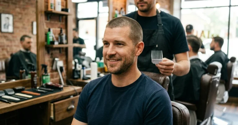 Man with a neat number 4 buzz cut sitting in a modern barbershop while a barber prepares clippers for a clean and even haircut trim.