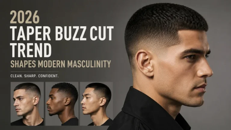 Man with a clean taper buzz cut hairstyle featuring a sharp fade and short textured top, showcasing a modern masculine haircut trend for 2026