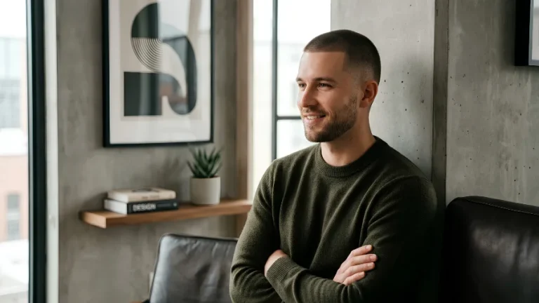 5 Guard Buzz Cut on a man featuring an evenly trimmed 16mm haircut with a clean hairline, modern style, and low-maintenance look.