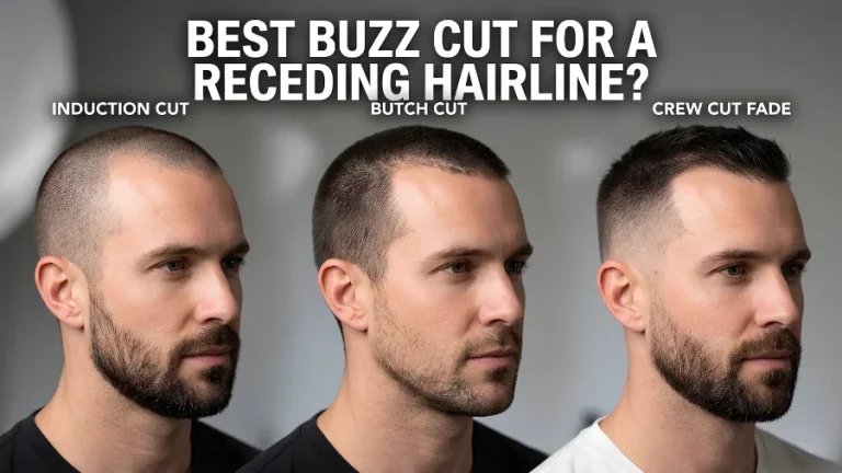 Three side-by-side portraits of a man with a receding hairline showing different short hairstyles. The image compares an Induction Cut, Butch Cut, and Crew Cut Fade under the heading “Best Buzz Cut for a Receding Hairline?” highlighting how each buzz cut style looks on thinning hair and a receding hairline.