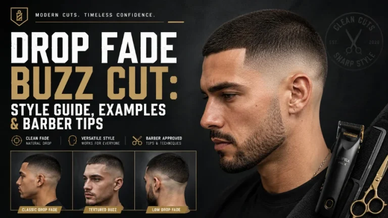 Alt text: A modern barber-style promotional banner for a “Drop Fade Buzz Cut” hairstyle guide. The image features a dark, premium editorial design with bold typography on the left reading “DROP FADE BUZZ CUT: STYLE GUIDE, EXAMPLES & BARBER TIPS.” Beneath the headline are three feature points: clean fade natural drop, versatile style works for everyone, and barber approved tips and techniques. On the right side, a close-up profile of a man shows a sharp drop fade buzz cut with a smooth gradient fade around the sides and back, paired with a short beard and a neutral expression. At the bottom left, three smaller example images display variations of the drop fade buzz cut labeled classic drop fade, textured buzz, and low drop fade. On the bottom right, barber tools including clippers, comb, and scissors are arranged on a dark surface. The overall aesthetic is masculine, clean, and professional with black, grey, and gold accents, resembling a high-end barbershop marketing poster.