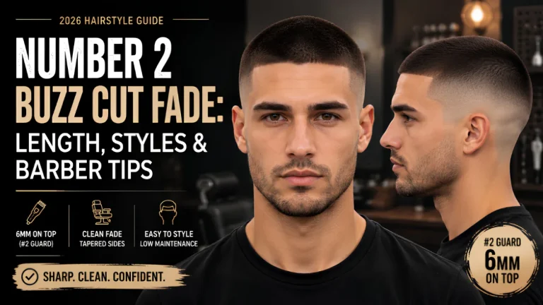 Alt text: A professional barbershop-style thumbnail showing a young man with a Number 2 buzz cut fade haircut, featuring short 6mm hair on top and a clean tapered fade on the sides. The image is split into a front-facing portrait and a side profile view to highlight the haircut details. On the left side, bold editorial text reads “NUMBER 2 BUZZ CUT FADE: LENGTH, STYLES & BARBER TIPS” with supporting icons indicating 6mm on top, clean tapered fade, and easy low-maintenance styling. The background is a blurred modern barbershop with warm lighting, clippers, and barber chair elements, giving a sleek, masculine, promotional hairstyle guide look.
